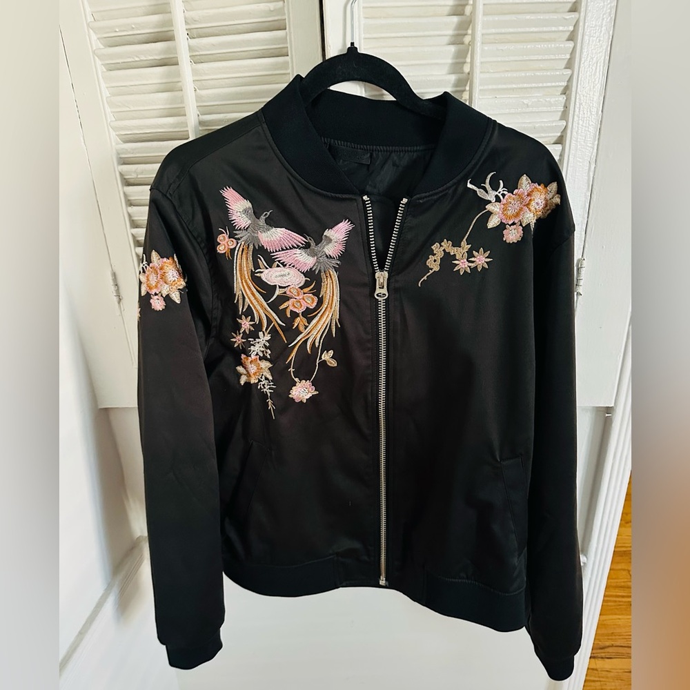 M. Fredric Black Bomber Jacket with Floral Embroidery